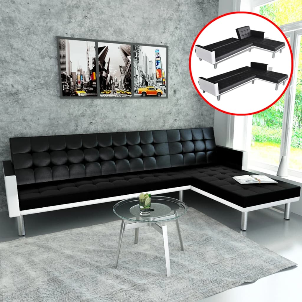 L-shaped Sofa Bed Artificial Leather Black and White
