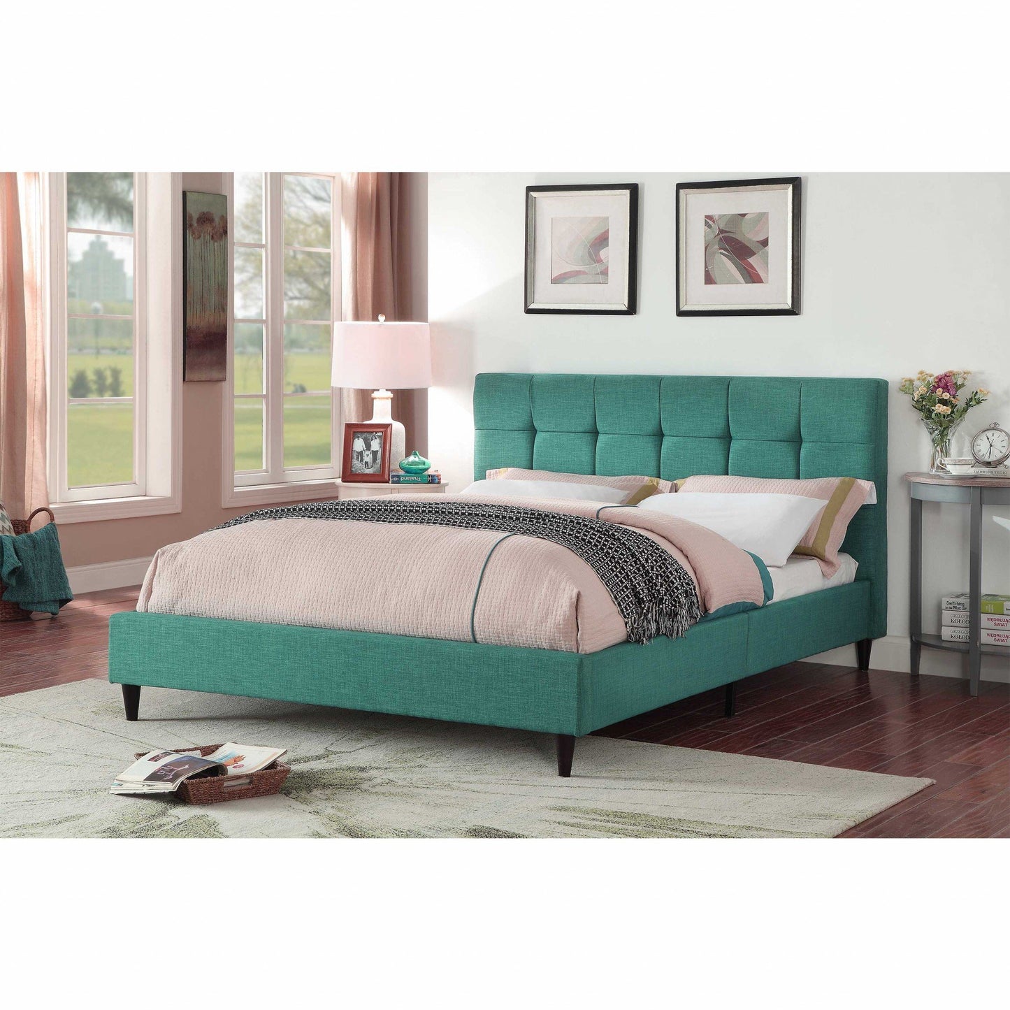 Queen Blue Modern Upholstered Square Stitched Platform Bed