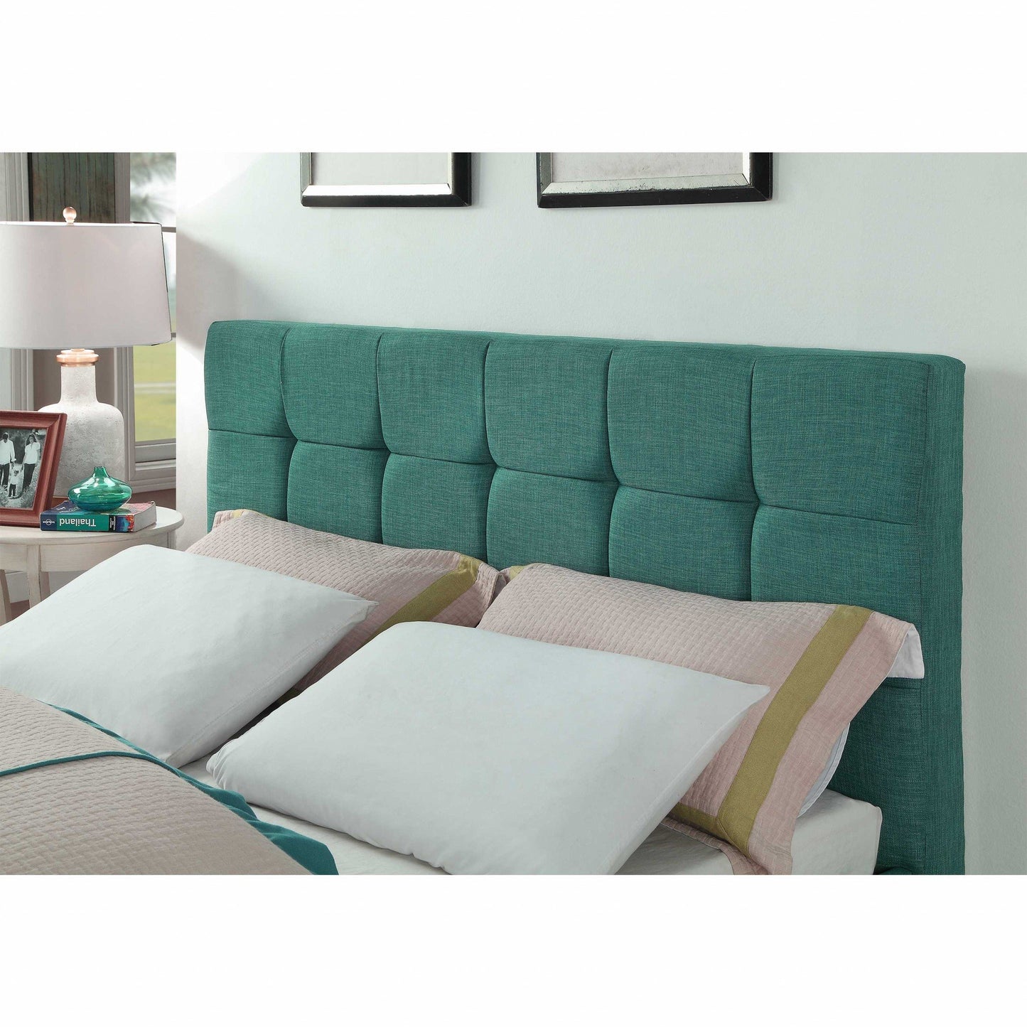 Queen Blue Modern Upholstered Square Stitched Platform Bed