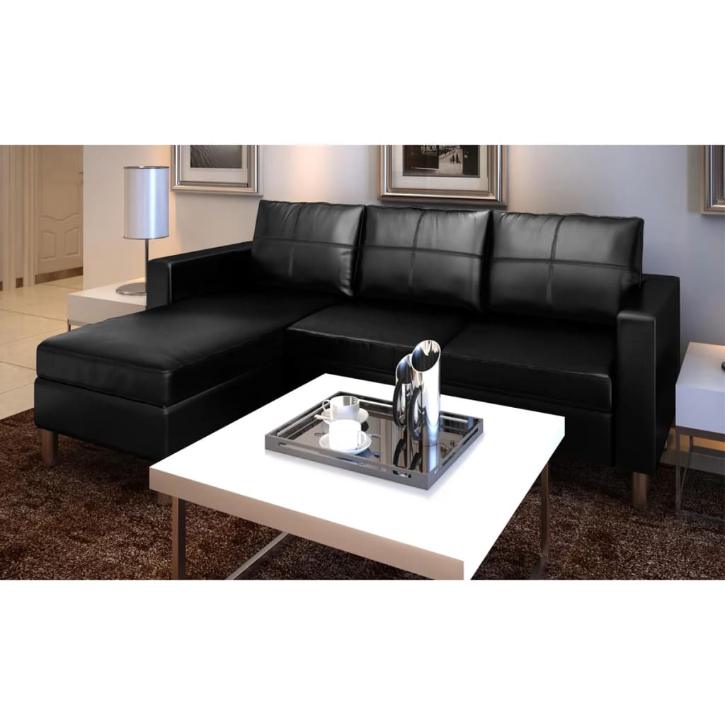 Sectional Sofa 3-Seater Artificial Leather Black