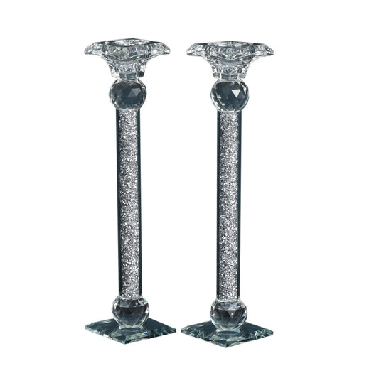 Ambrose 2 Candle Holder Set in Gift Box, Silver Crushed Diamonds Glass New