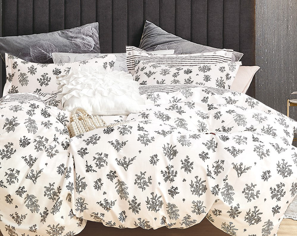 Parsley Black/White Floral Reversible 100% Cotton Comforter Set New